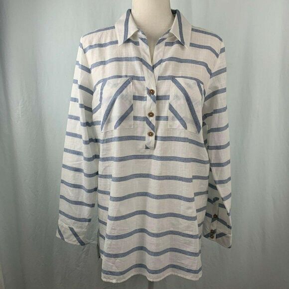 Soft Surroundings Modena Tunic Top M White Blue Striped Button Front Pockets - Picture 2 of 5